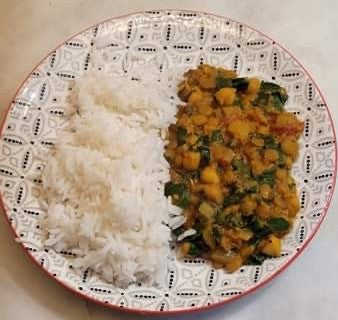 Green lentil, chickpea and spinach dahl